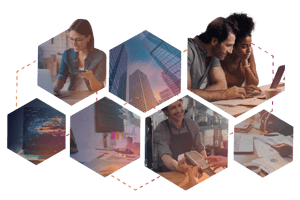 A woman with a card, buildings, a couple making a payment on a computer, a computer screen with code, someone make a payment